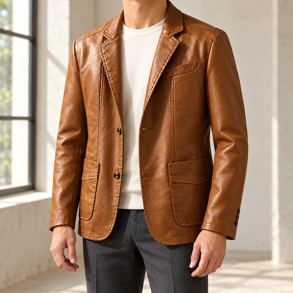 Faux Leather Blazer | Ansgar Brown model atelier front