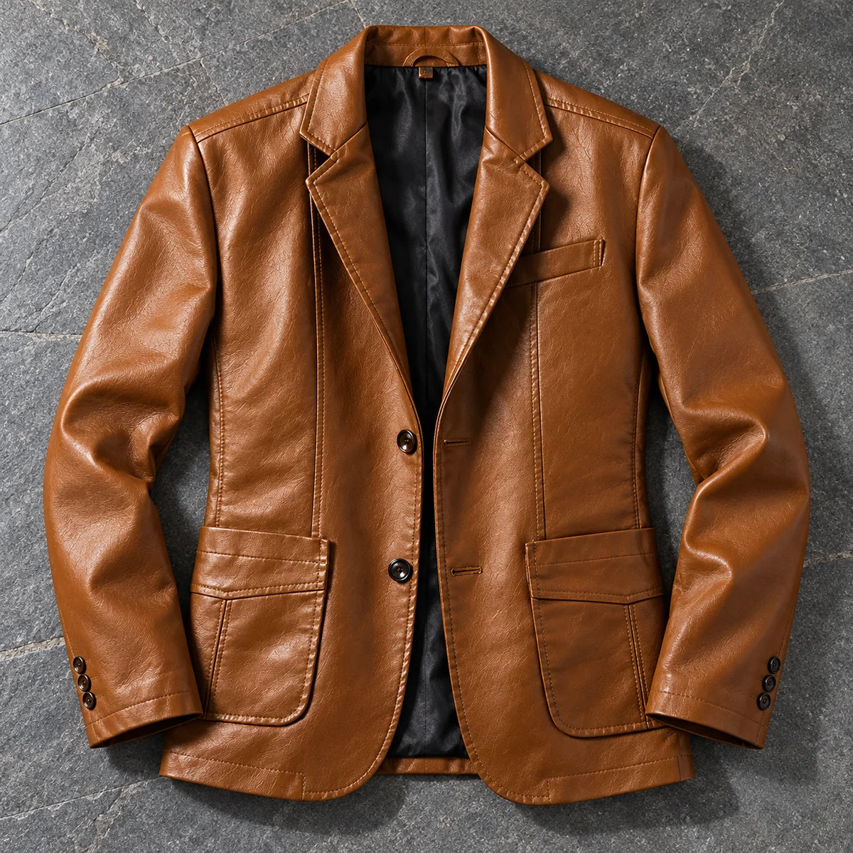 Faux Leather Blazer | Ansgar Brown overhead slate flatlay