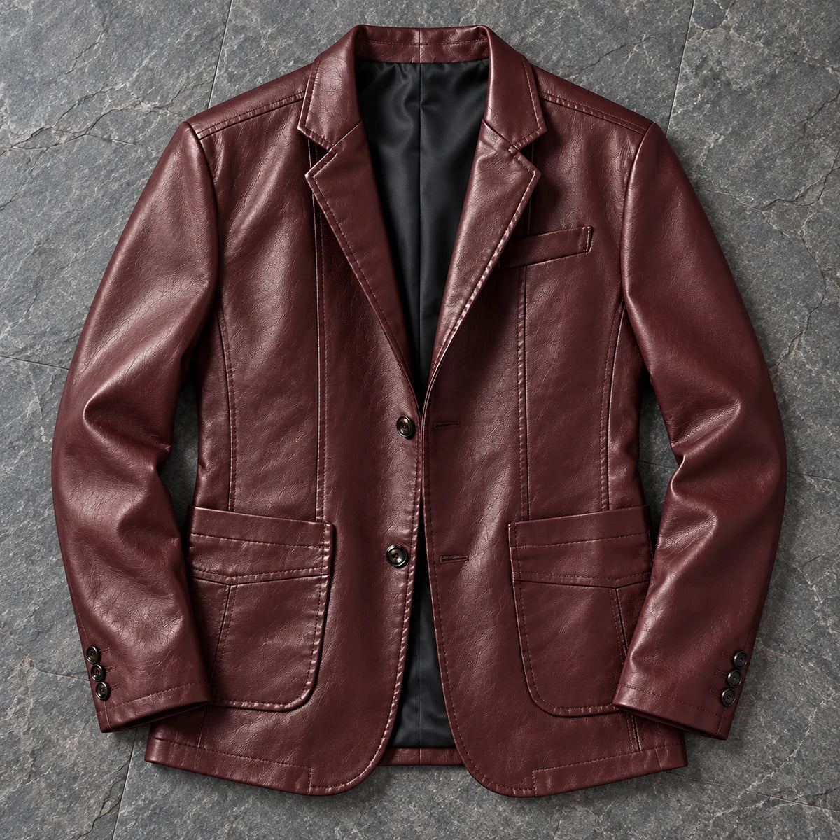 Faux Leather Blazer | Ansgar Red overhead slate flatlay