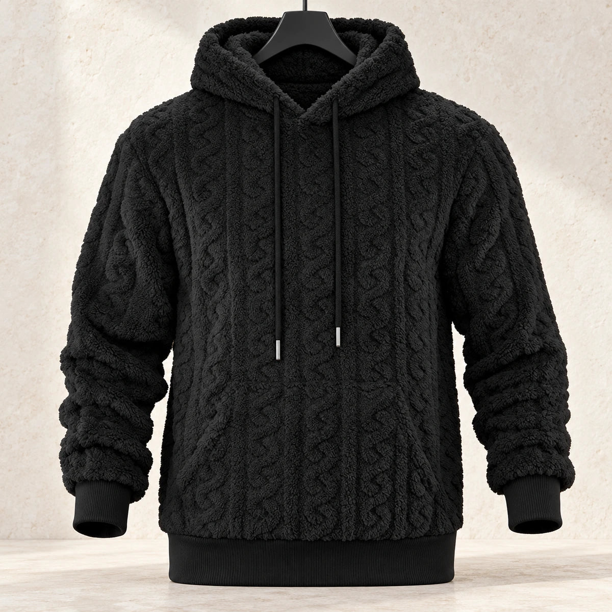 Fleece Hoodie | Evren Black hanger stone front