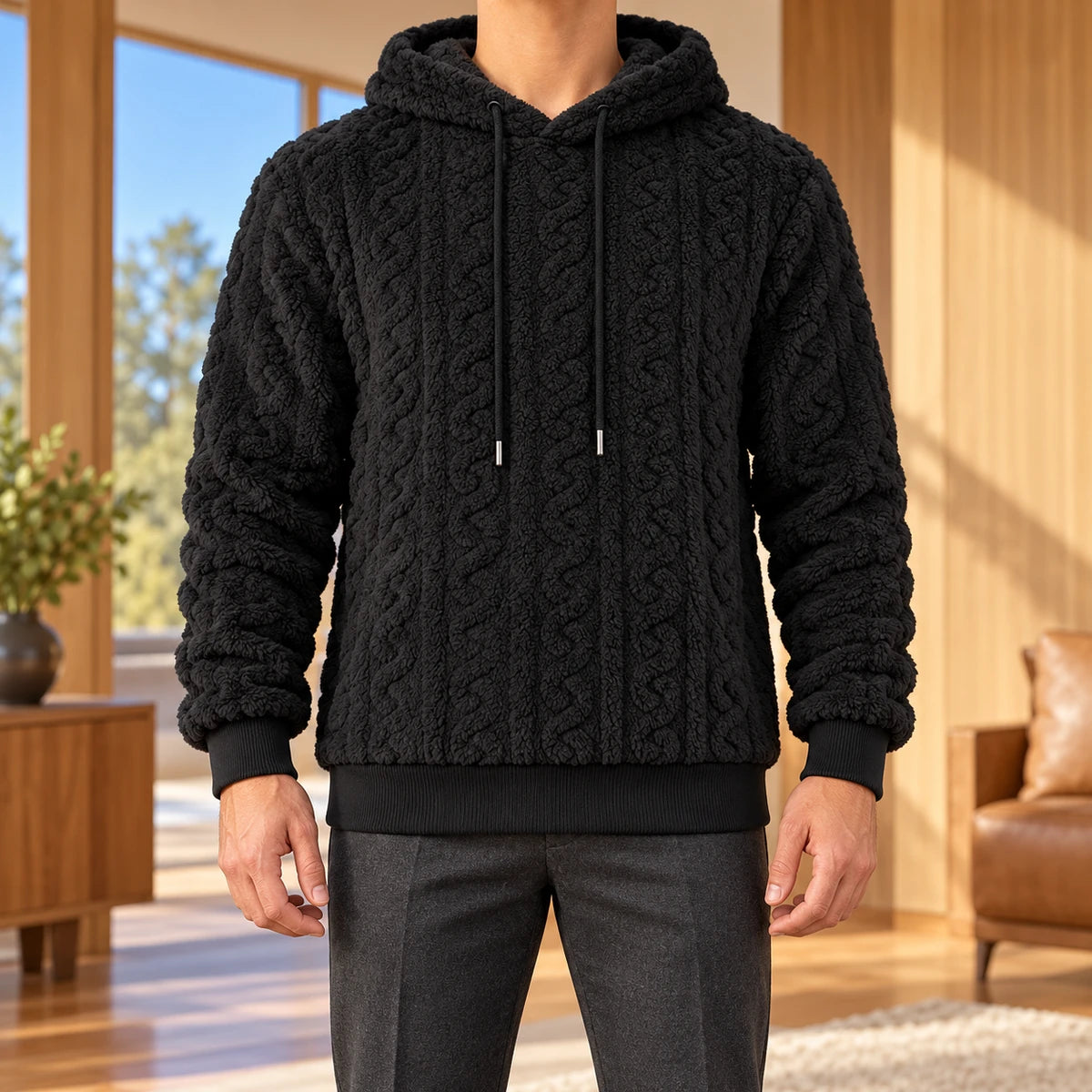 Fleece Hoodie | Evren Black model walnut interior