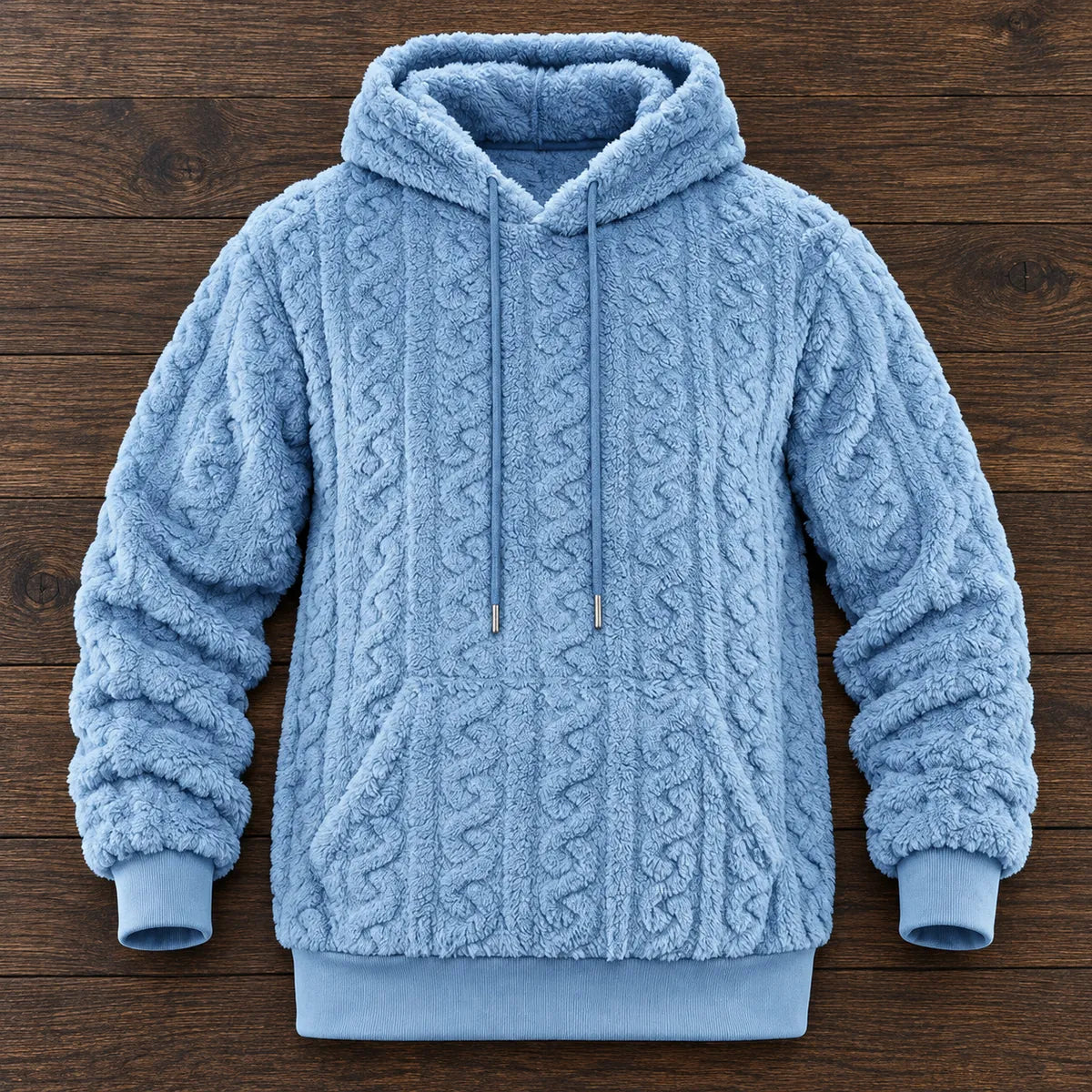 Fleece Hoodie | Evren Blue overhead oak flatlay