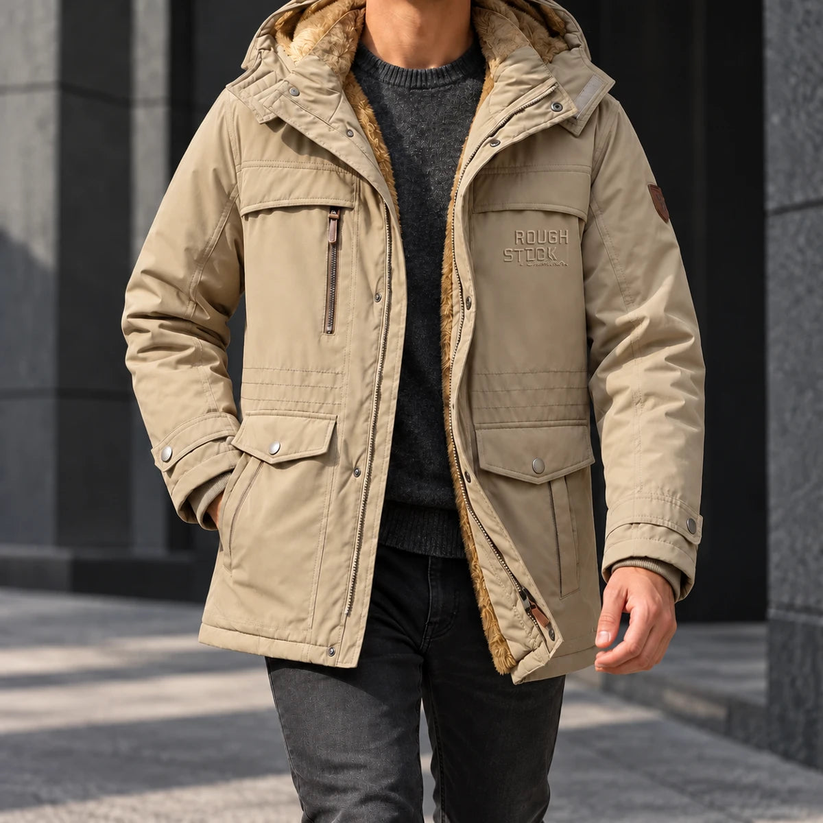 Fleece Parka | Colin Beige neck-down wearer walking beside dark concrete architecture