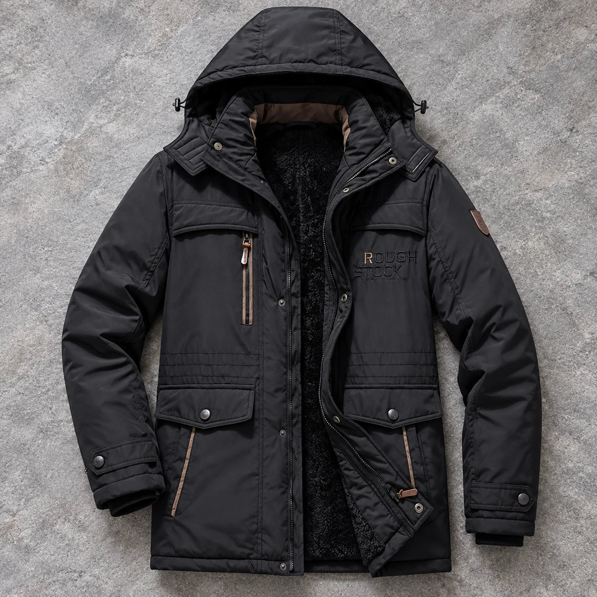 Fleece Parka | Colin Black true overhead open flat lay showing fleece lining on gray stone