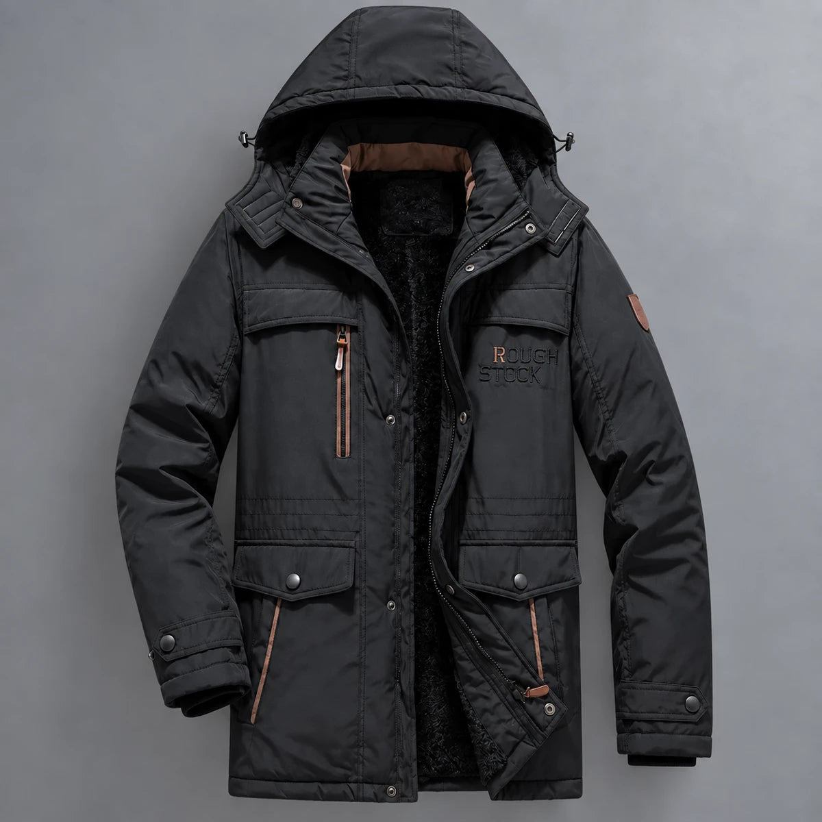 Fleece Parka | Colin Black front hanging garment against cool gray studio wall
