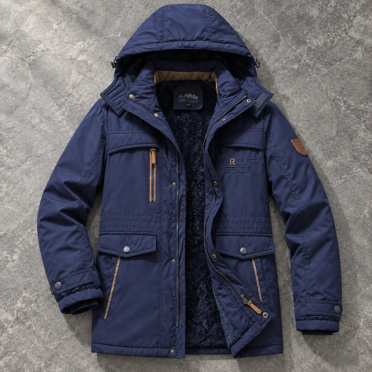 Fleece Parka | Colin Blue true overhead open flat lay showing fleece lining on gray stone