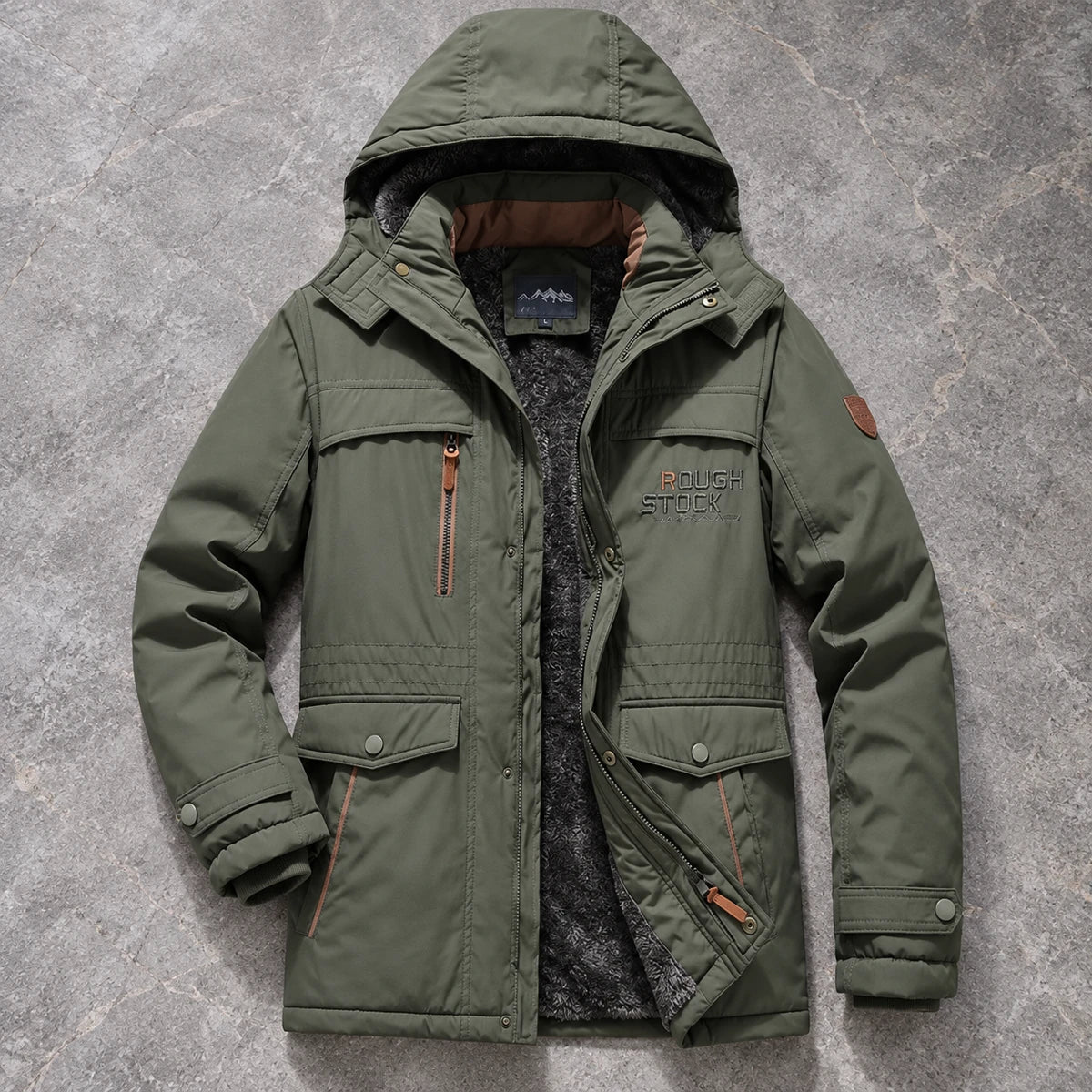 Fleece Parka | Colin Green true overhead open flat lay showing fleece lining on gray stone