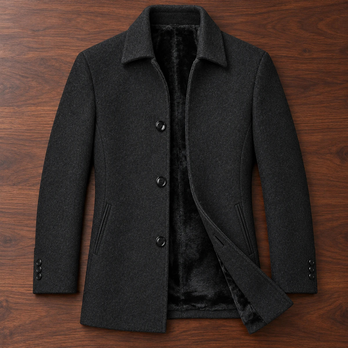 Gaspard Coat Black overhead walnut flatlay