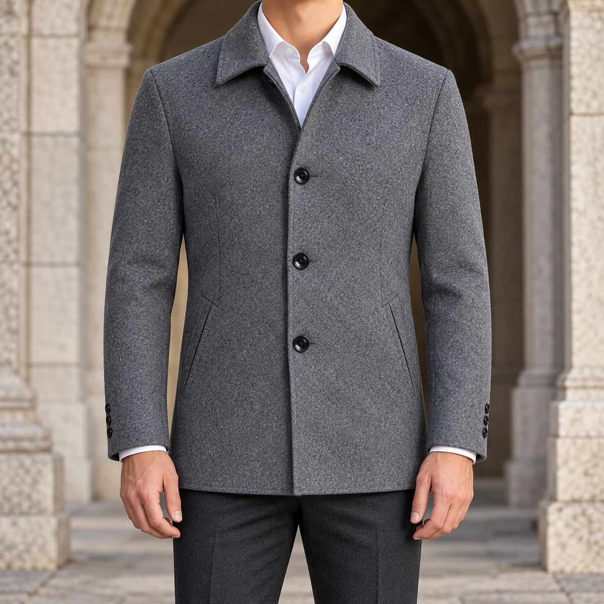 Gaspard Coat Gray model stone archway