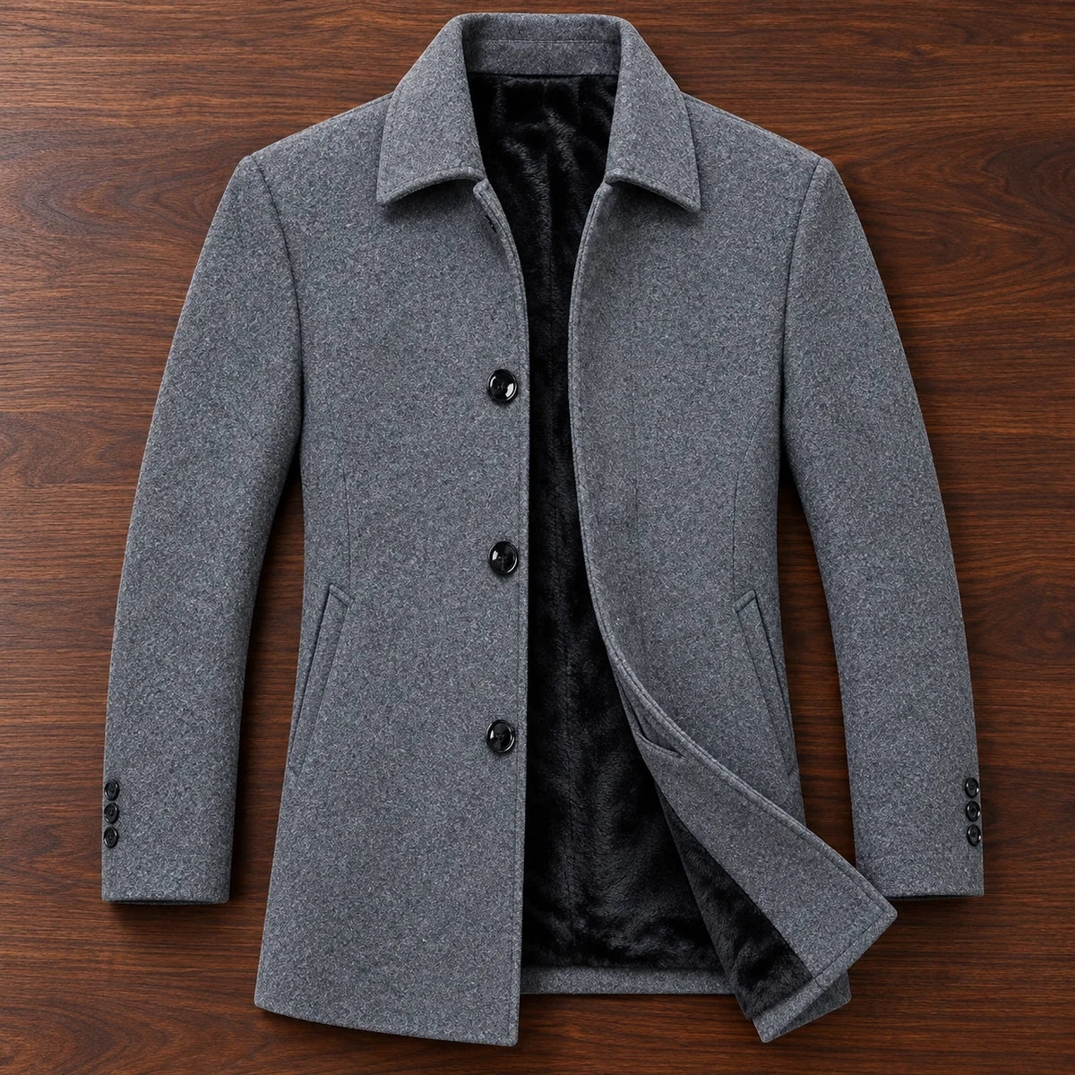 Gaspard Coat Gray overhead walnut flatlay