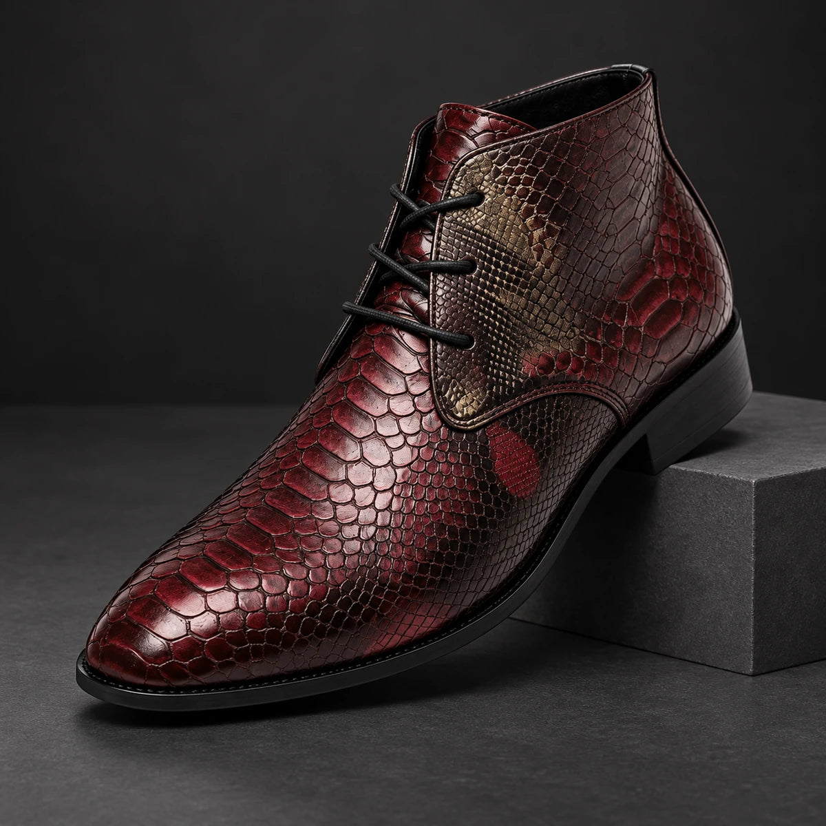 Genuine Leather Boots | Bastian Red diagonal pedestal