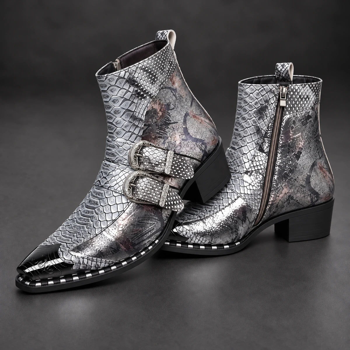 Genuine Leather Boots | Bellamy Silver stacked pair