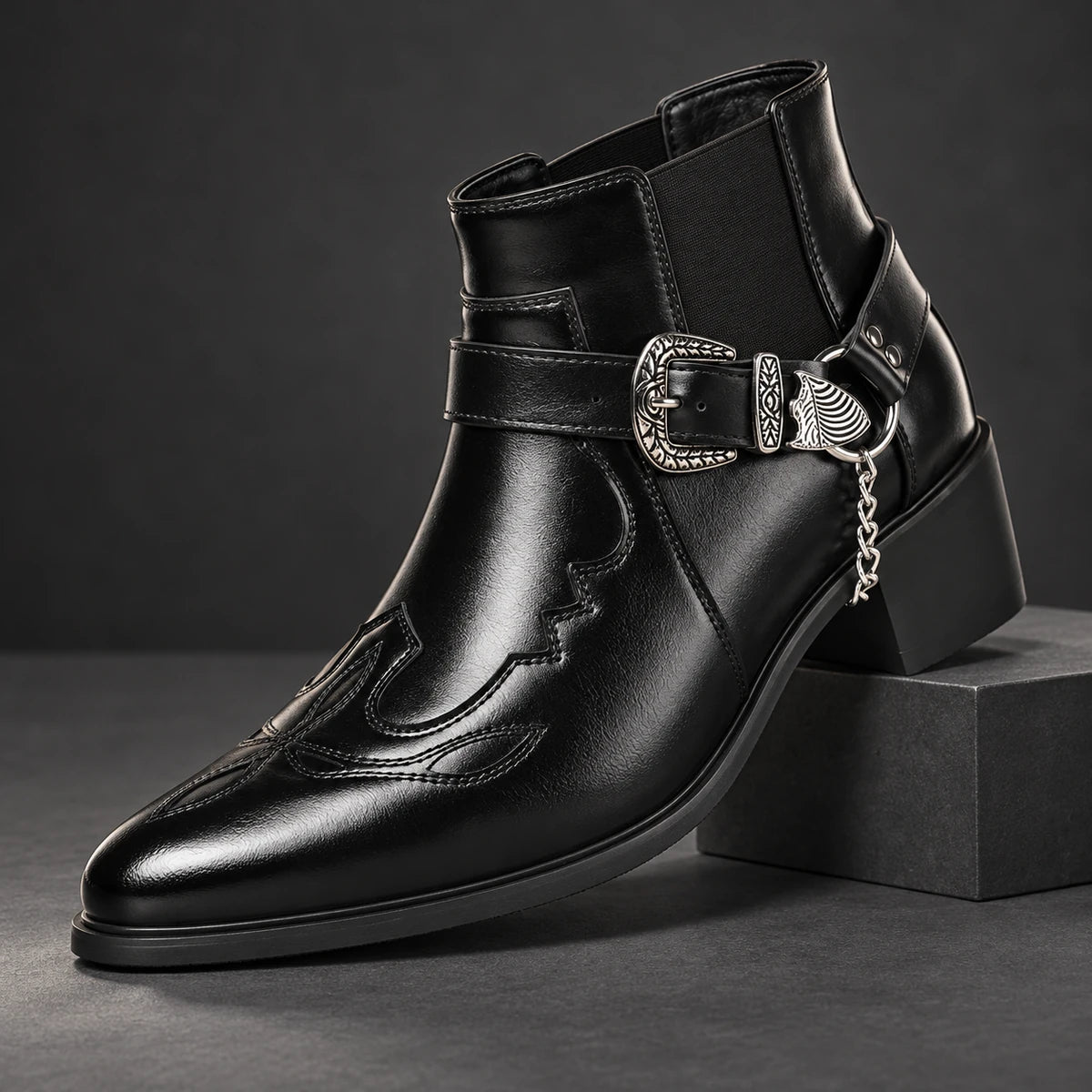Genuine Leather Boots | Dashiell Black diagonal pedestal