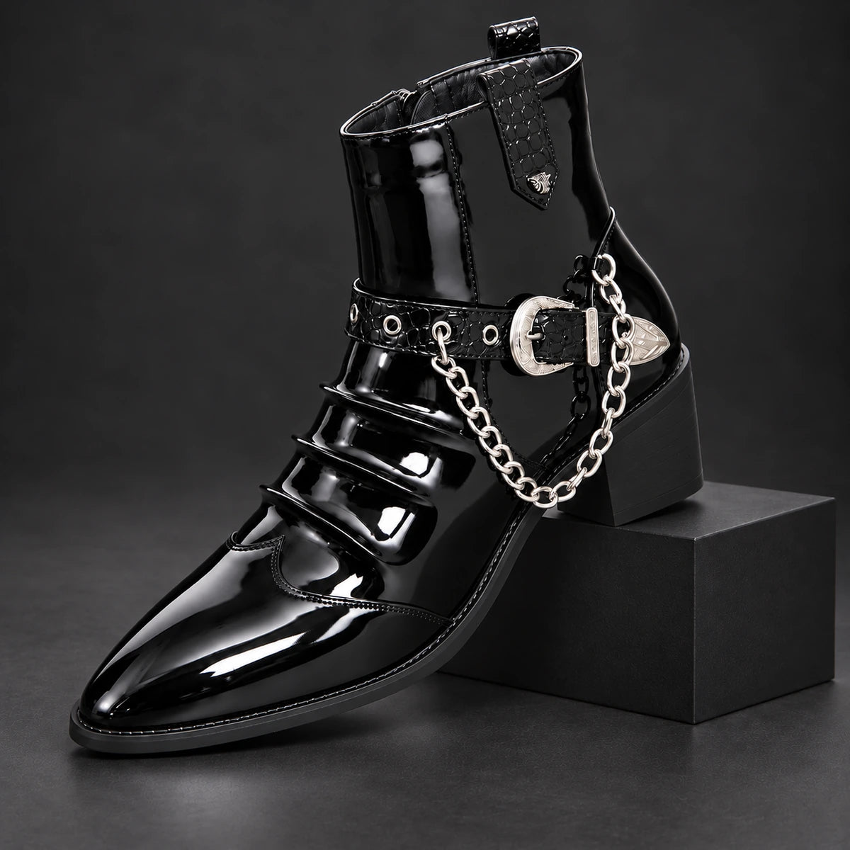 Genuine Leather Boots | Emrys Black diagonal pedestal