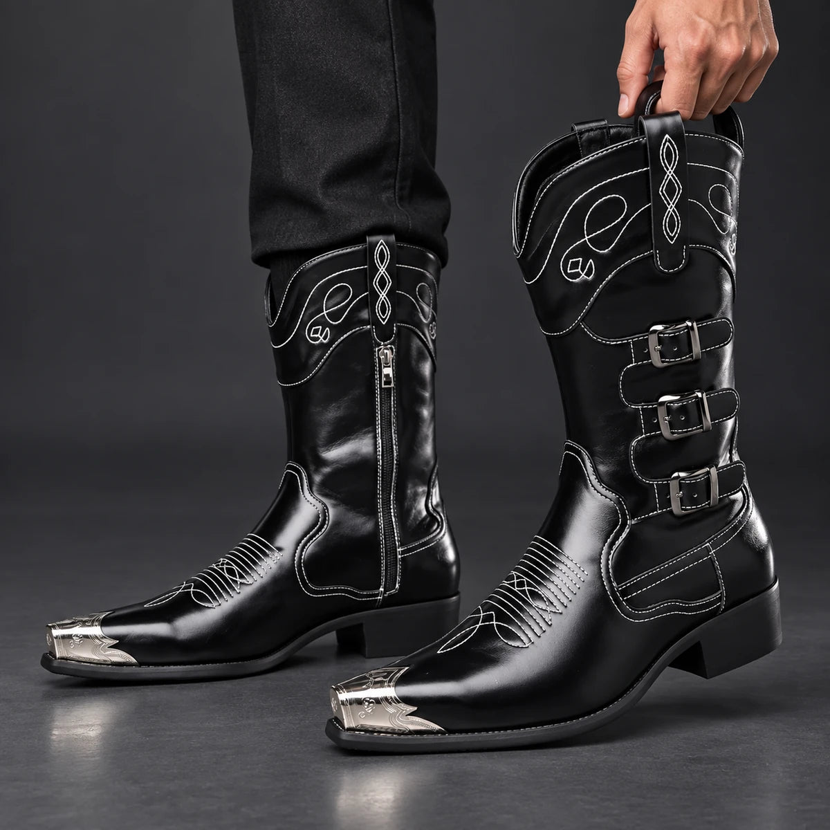 Genuine Leather Boots | Gareth Black model handheld