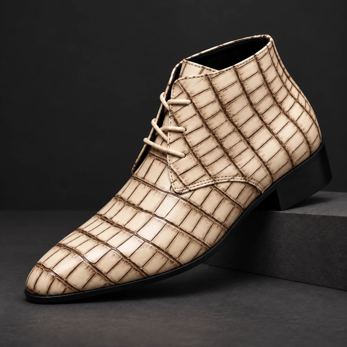 Genuine Leather Boots | Kieran Beige diagonal pedestal