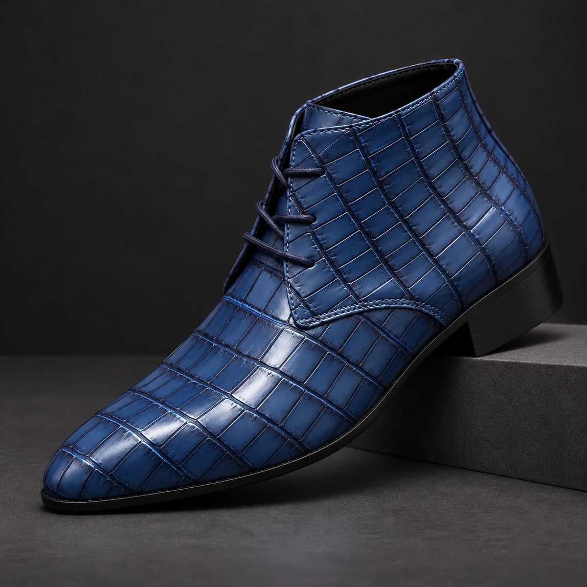 Genuine Leather Boots | Kieran Blue diagonal pedestal