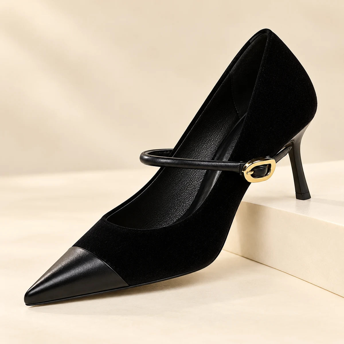 Genuine Leather Heels | Evadne | Black 7 cm | pedestal