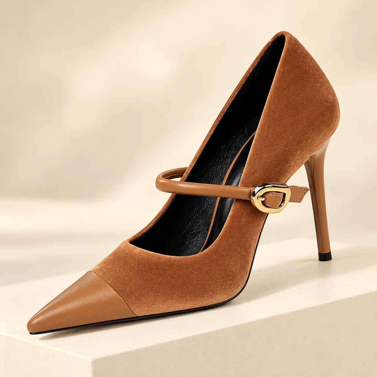 Genuine Leather Heels | Evadne | Brown 10 cm | pedestal