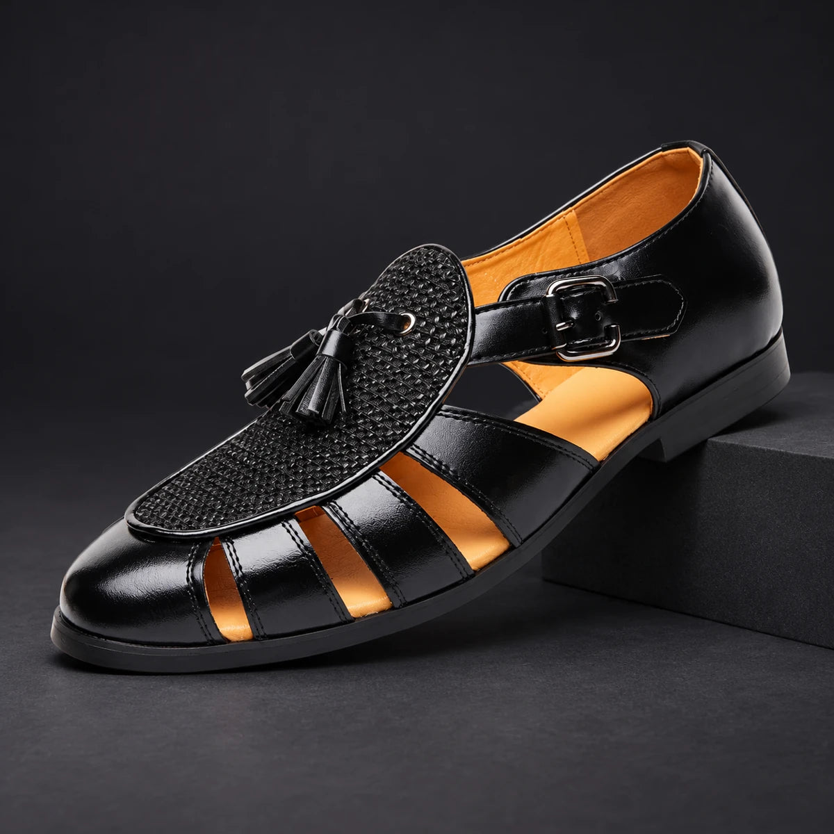 Genuine Leather Loafers | Garrick Black diagonal pedestal