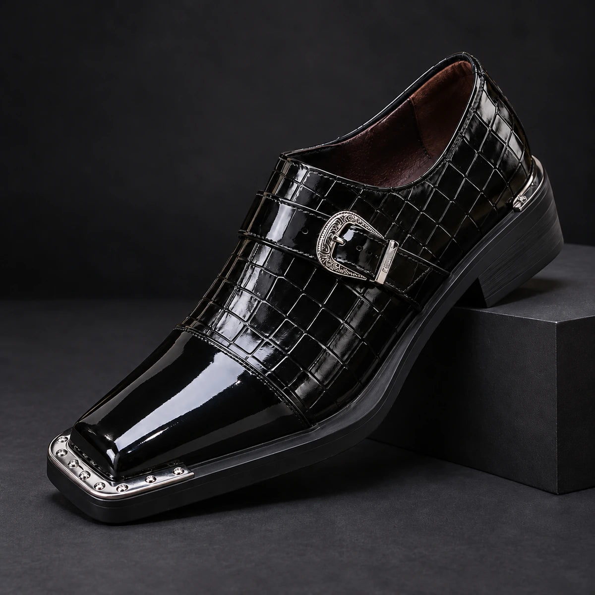 Genuine Leather Shoes | Magnus Black diagonal pedestal view