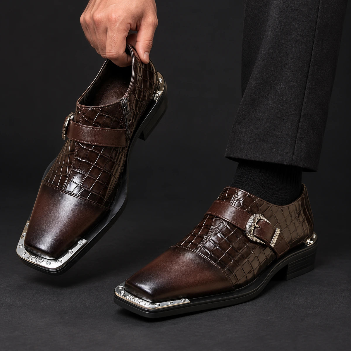 Genuine Leather Shoes | Magnus Brown model holding matching footwear