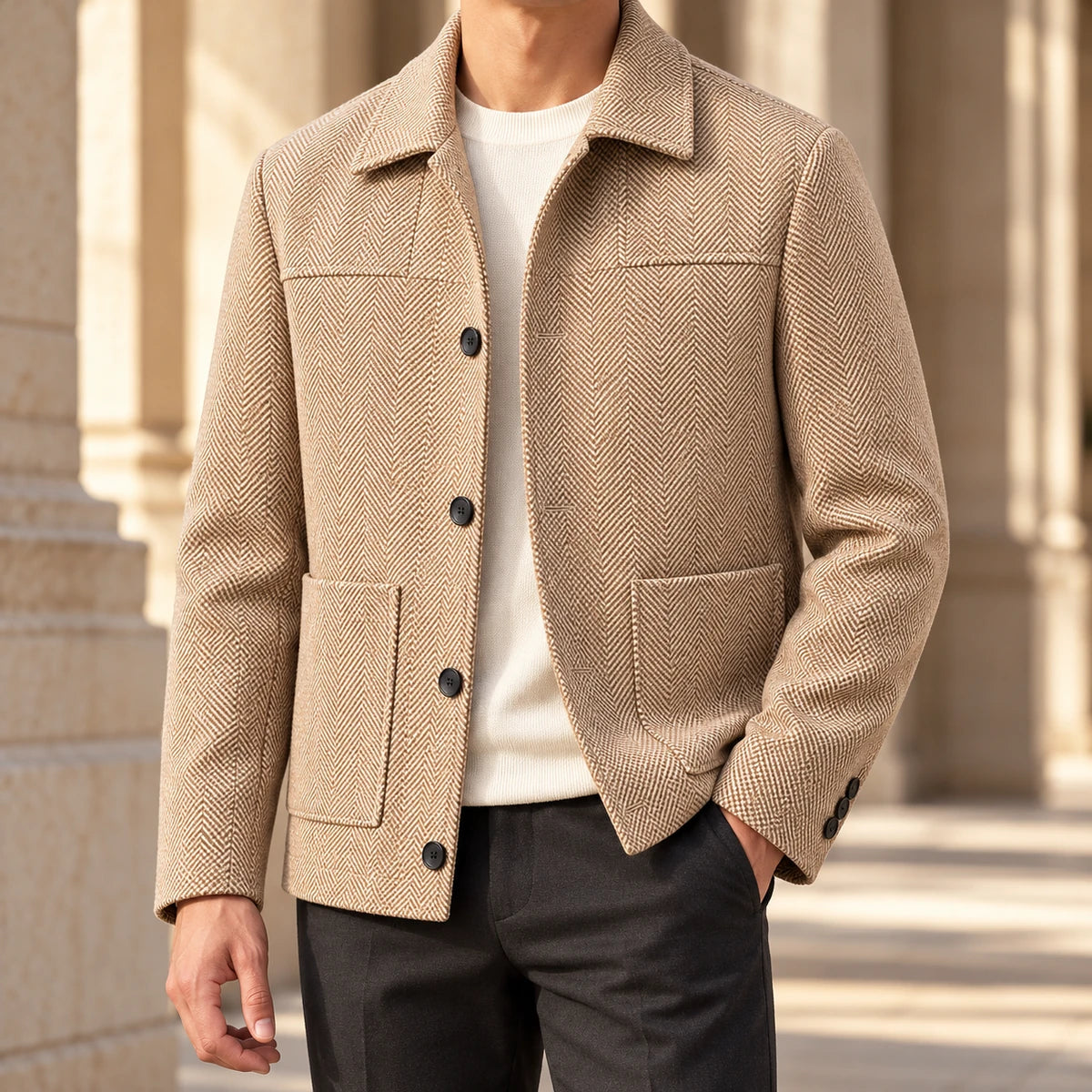 Herringbone Jacket | Niall Beige model worn