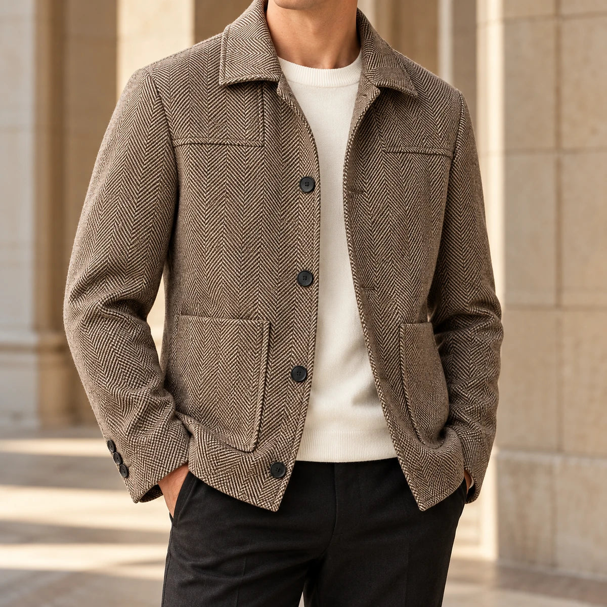 Herringbone Jacket | Niall Brown model worn