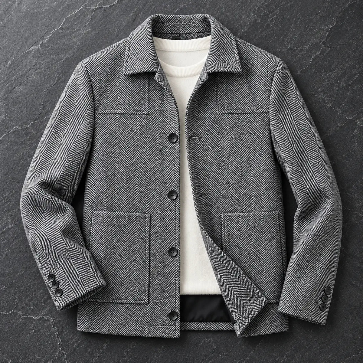 Herringbone Jacket | Niall Gray overhead flatlay