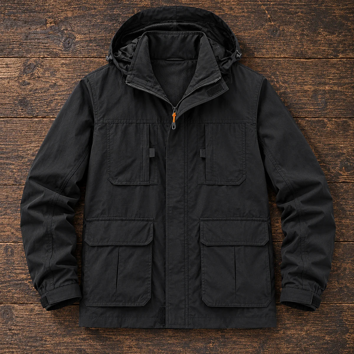 Joss Hooded Jacket Black overhead flatlay