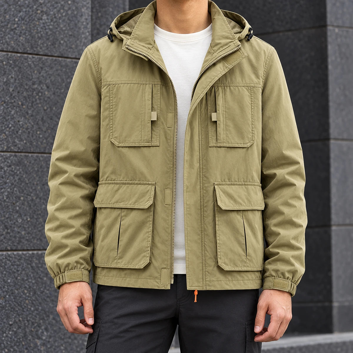 Joss Hooded Jacket Khaki model worn