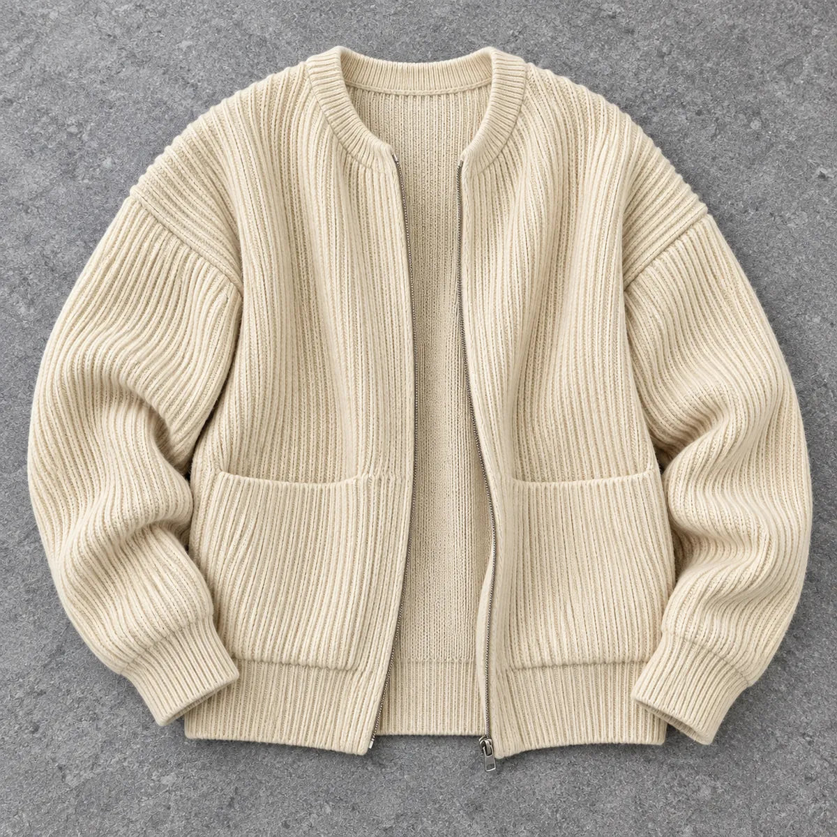 Knit Cardigan | Bjarne Beige overhead stone flatlay