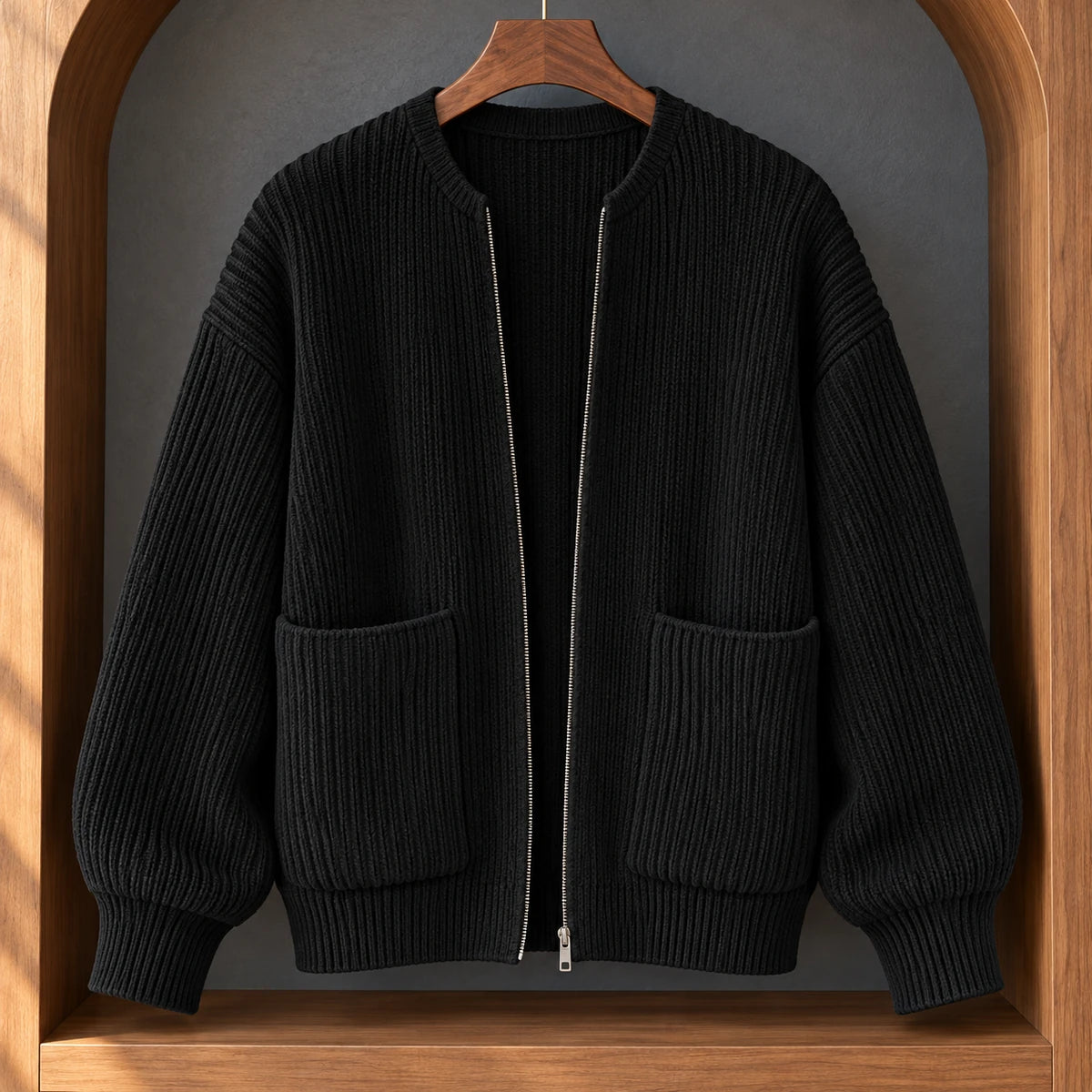 Knit Cardigan | Bjarne Black hanger woodalcove front