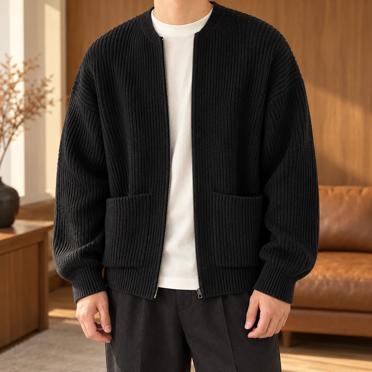 Knit Cardigan | Bjarne Black model woodinterior lifestyle