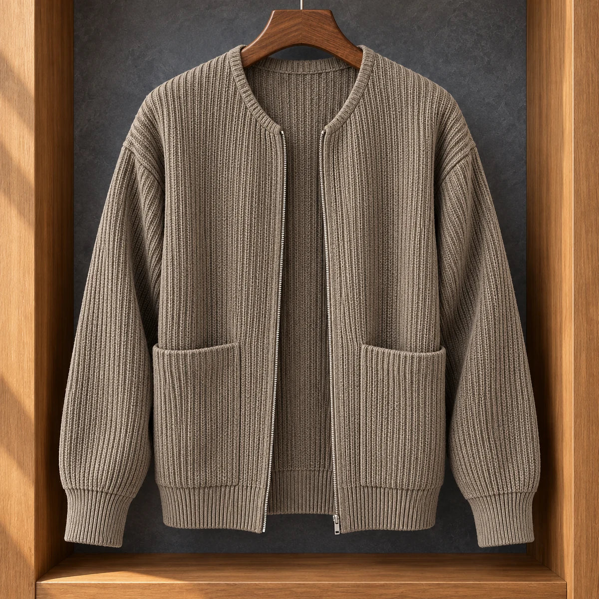 Knit Cardigan | Bjarne Brown hanger woodalcove front