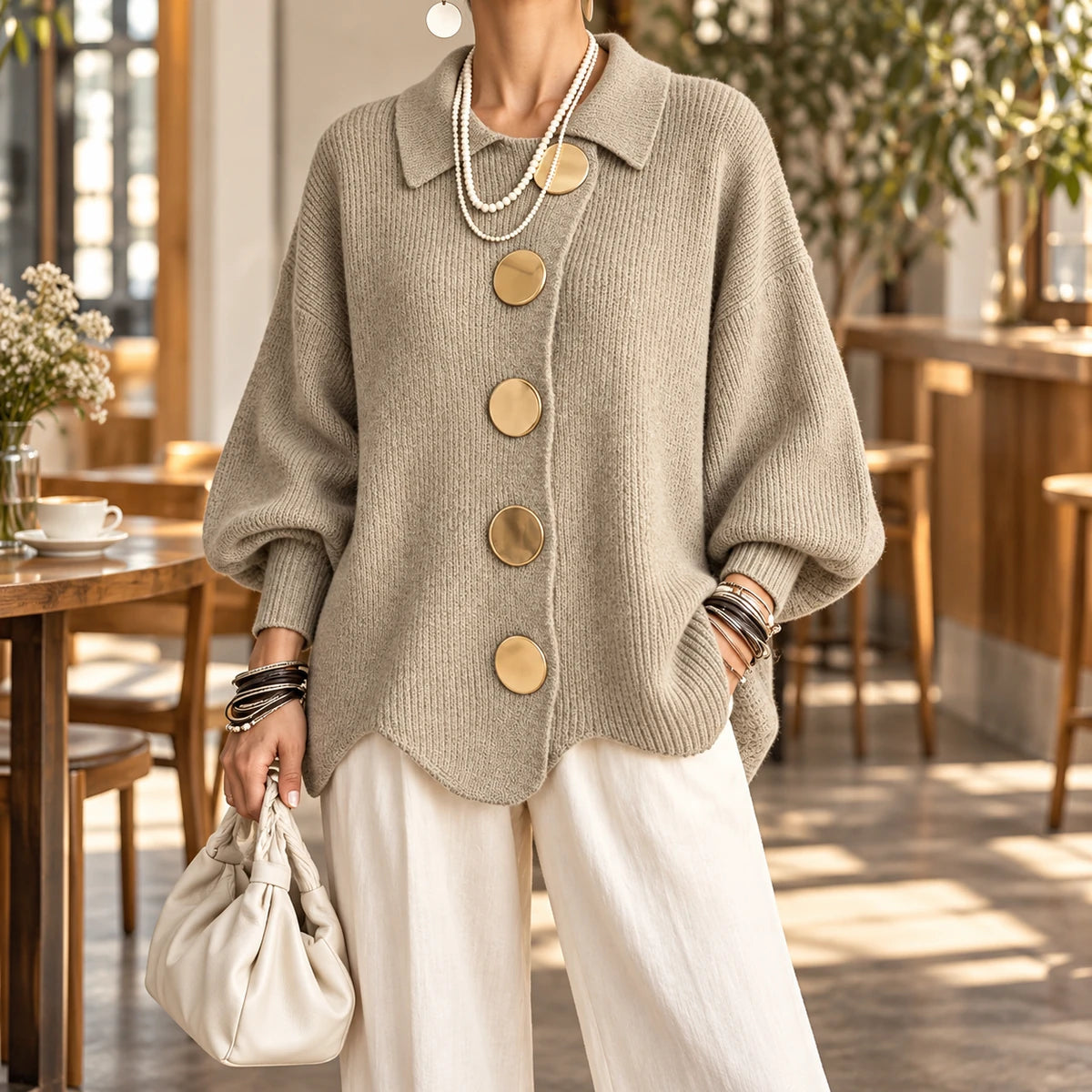 Knit Cardigan | Evangeline Beige model