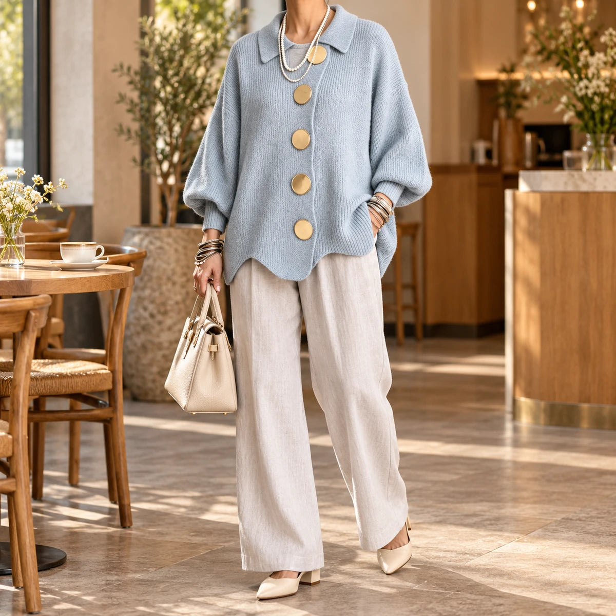 Knit Cardigan | Evangeline Blue model
