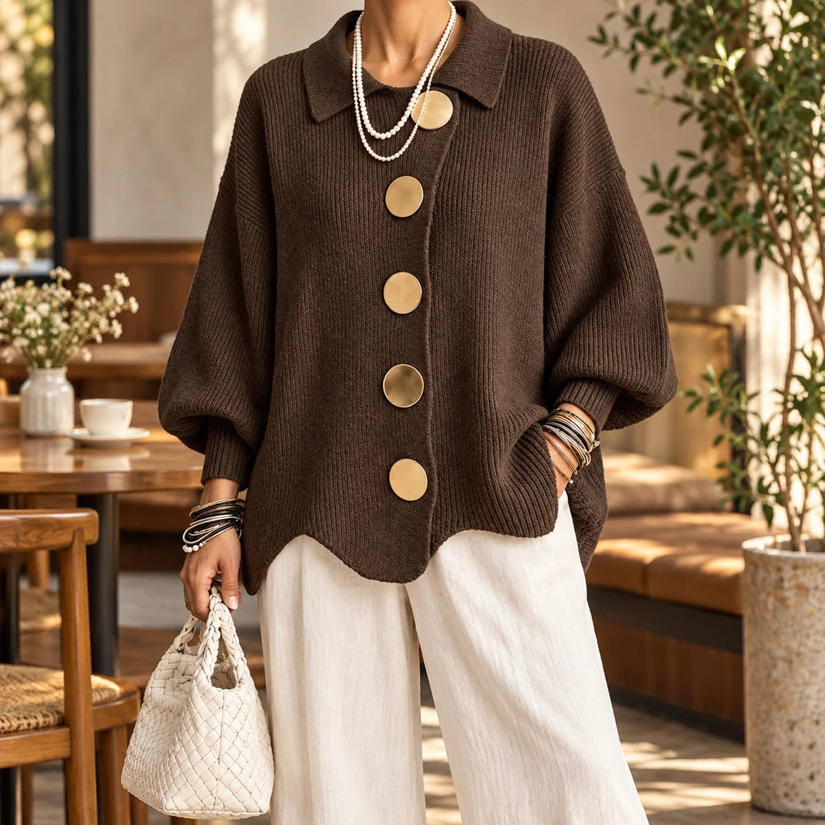 Knit Cardigan | Evangeline Brown model