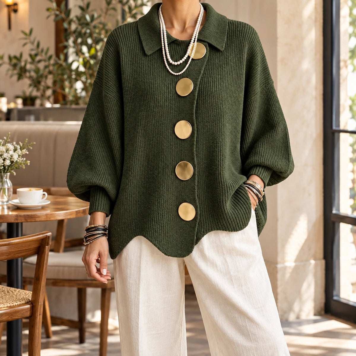 Knit Cardigan | Evangeline Green model