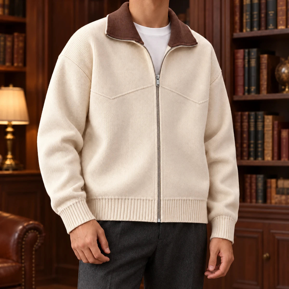 Knit Cardigan | Fintan Beige model walnut library front v2