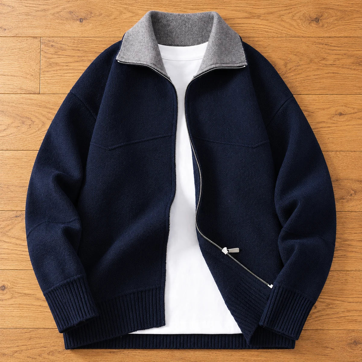 Knit Cardigan | Fintan Blue overhead oak flatlay