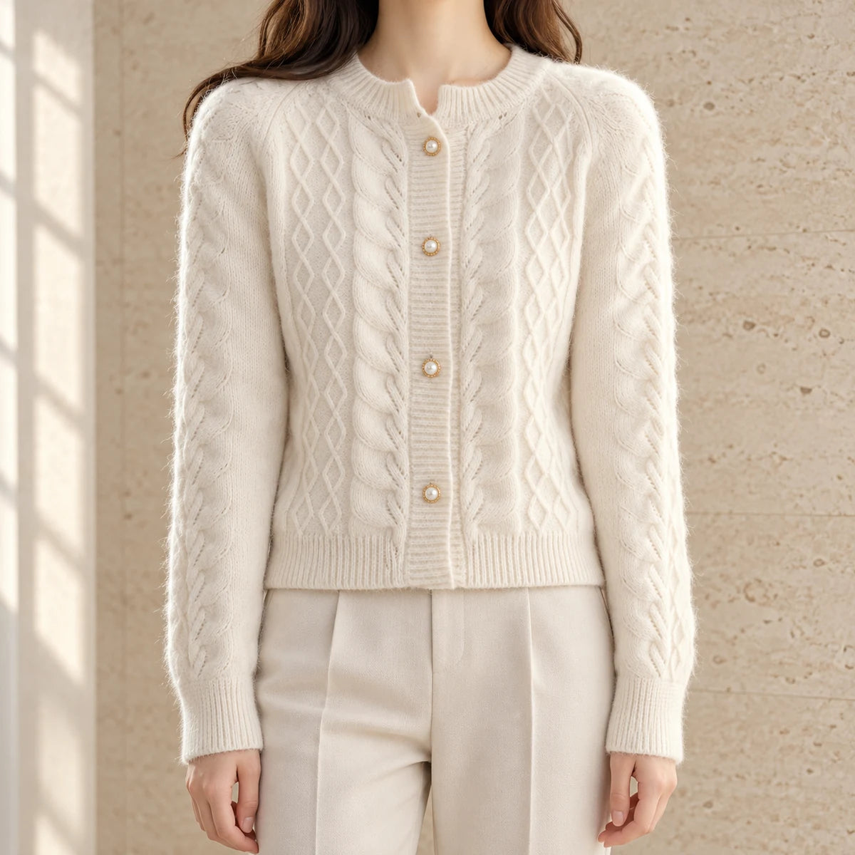 Knit Cardigan | Ingrid in Beige neck down lifestyle view