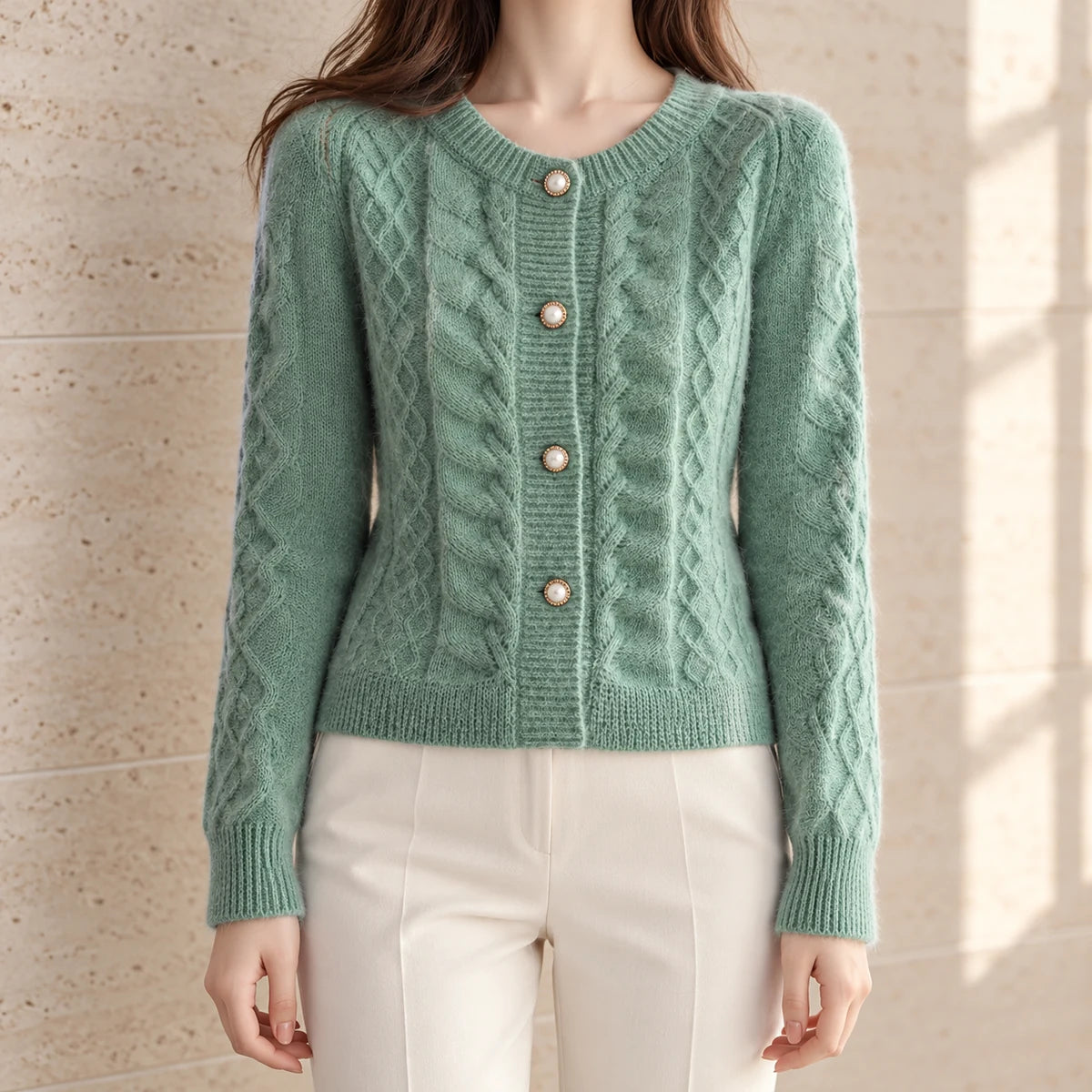 Knit Cardigan | Ingrid in Green neck down lifestyle view