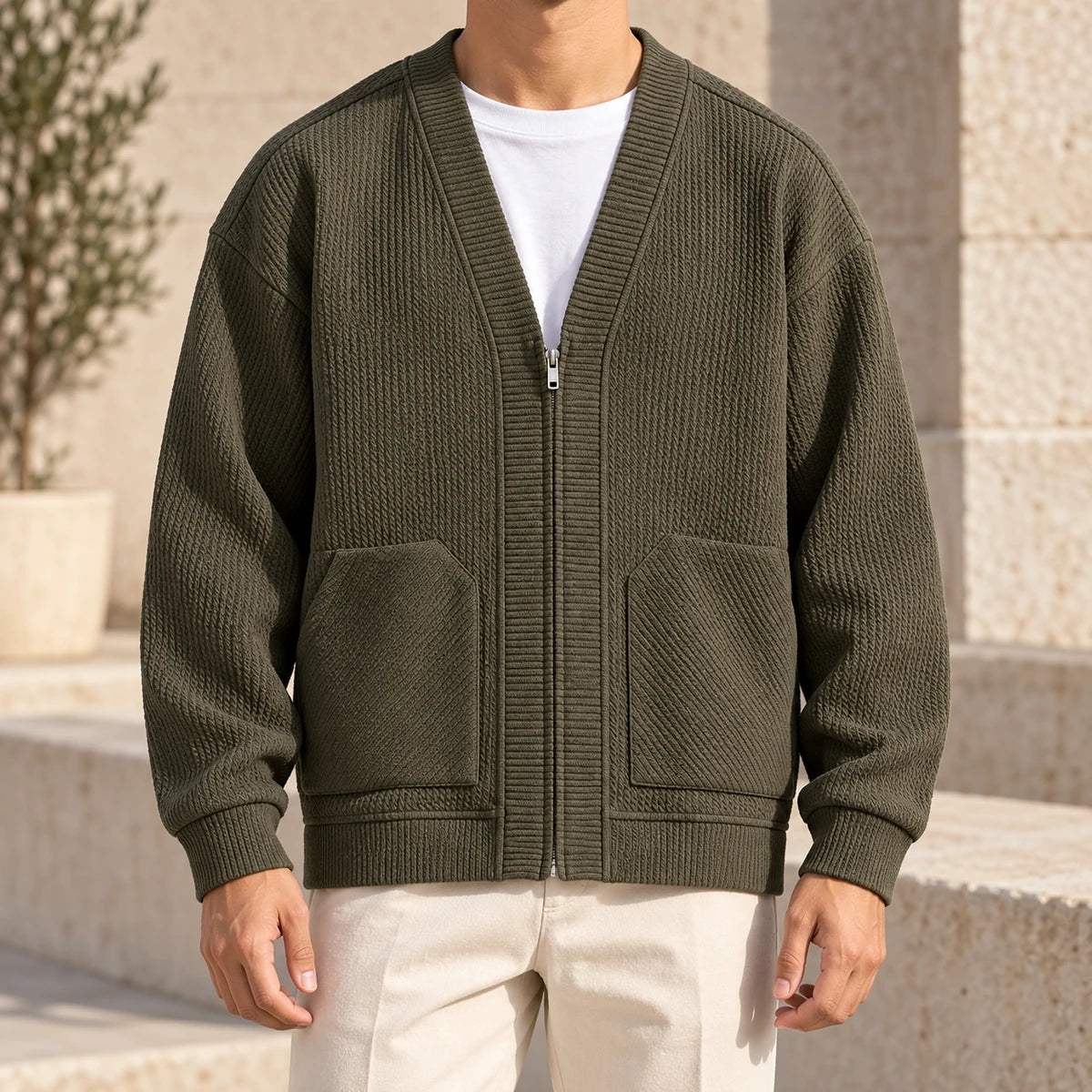Knit Cardigan | Jorgen Olive model