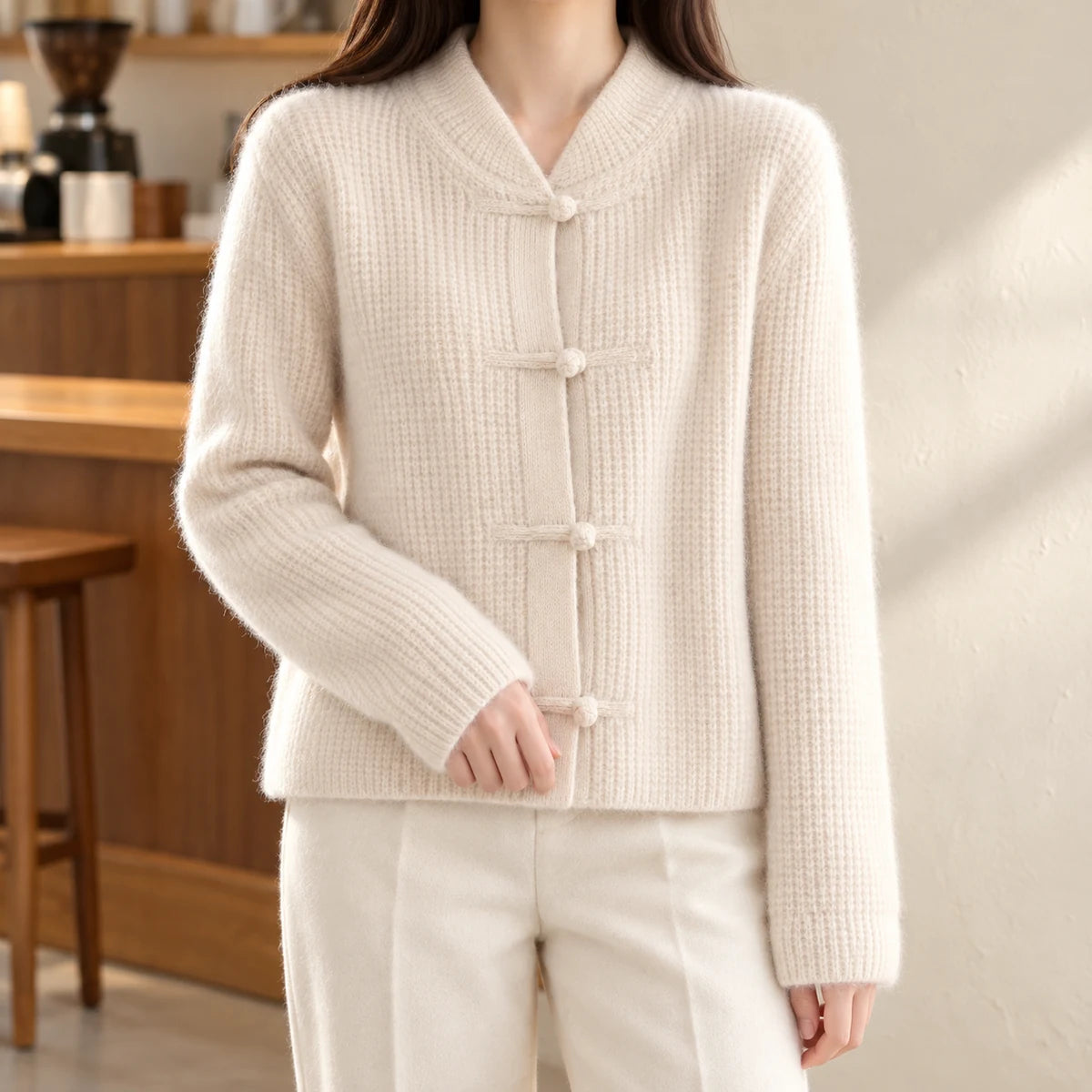 Knit Cardigan | Lisette in Beige neck down lifestyle view