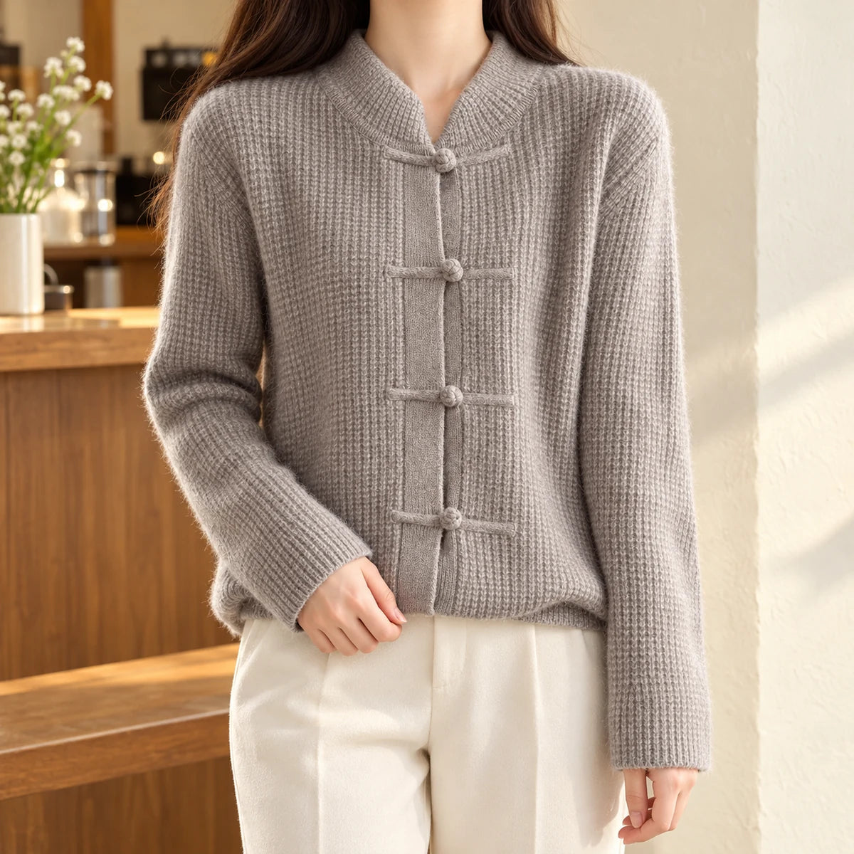 Knit Cardigan | Lisette in Gray neck down lifestyle view