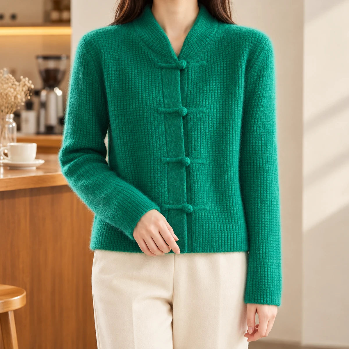 Knit Cardigan | Lisette in Green neck down lifestyle view