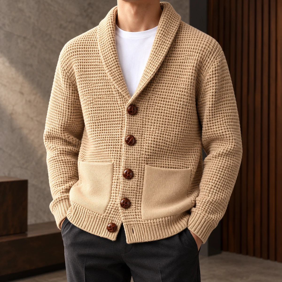Knit Cardigan | Quentin Beige model worn