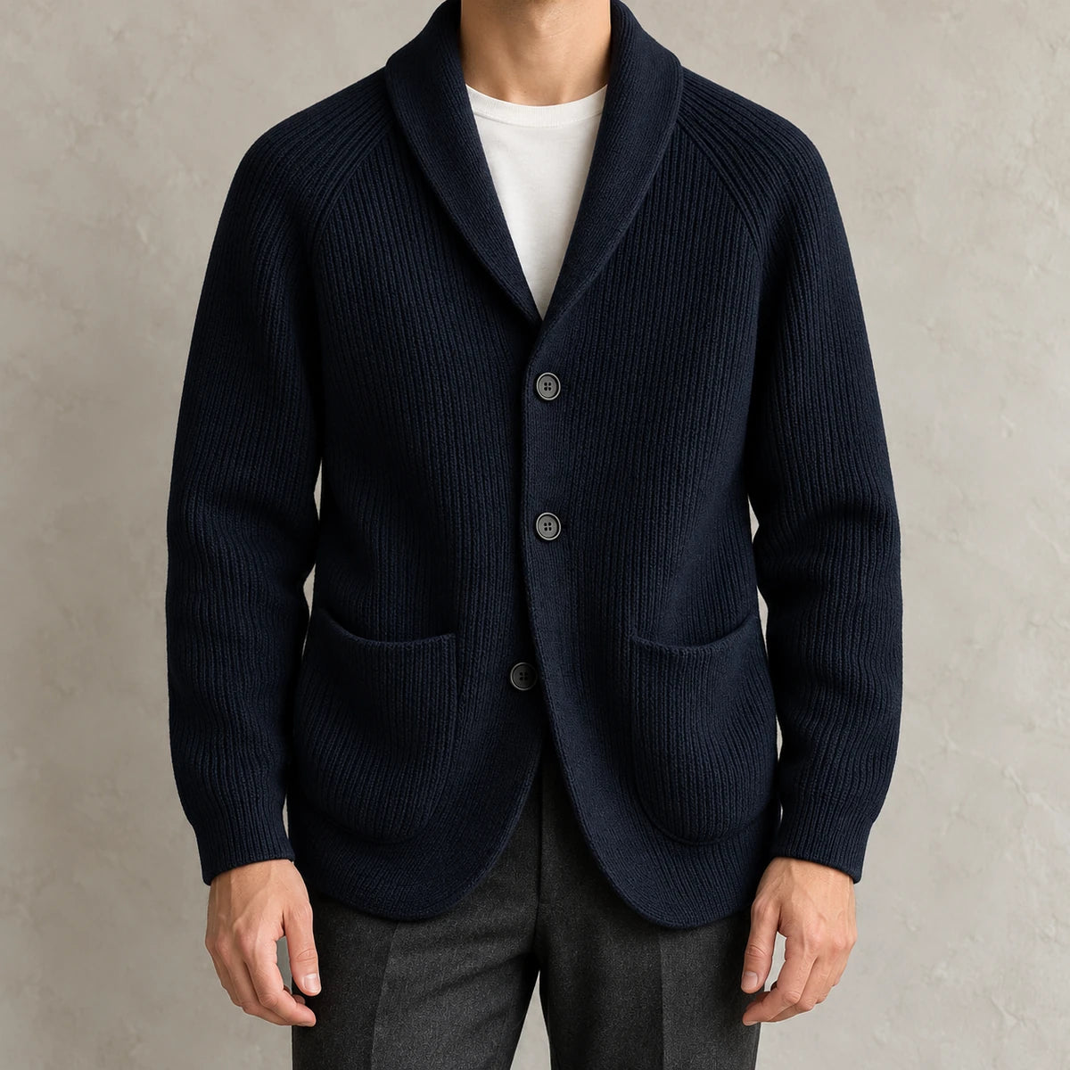 Knit Cardigan | Rainer Blue model worn