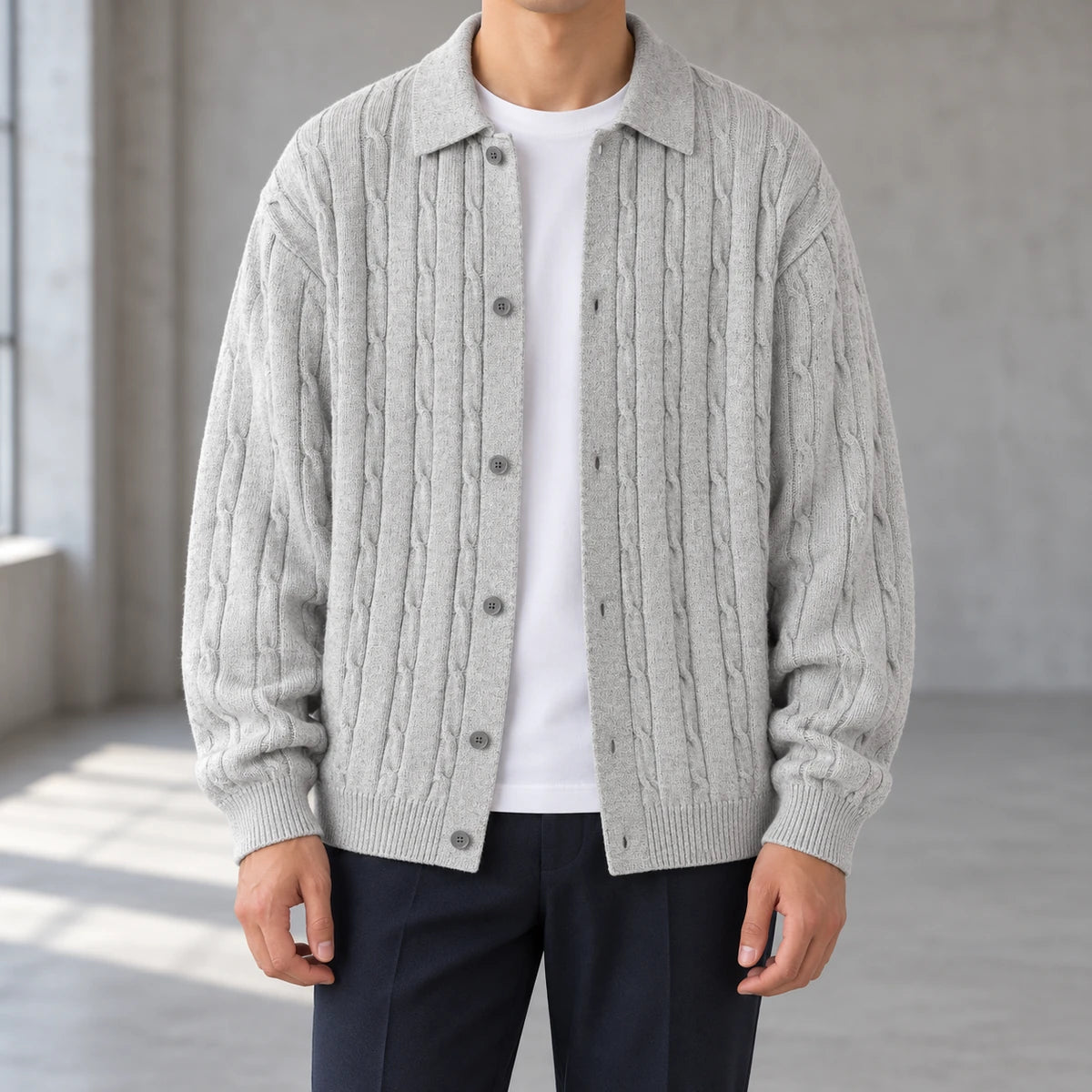Knit Cardigan | Soren Gray model worn